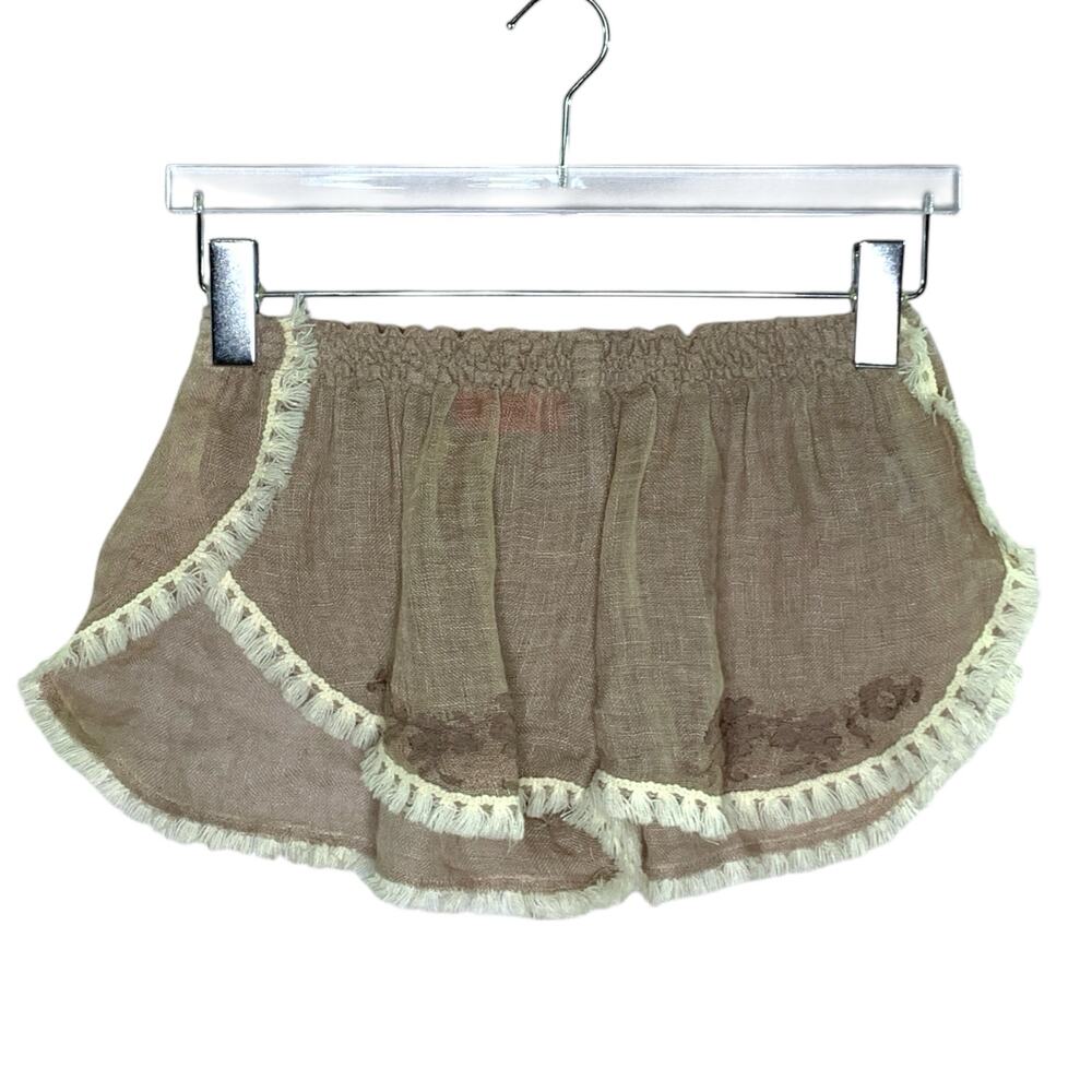 Vanita Rosa S Shorts Embroidered 100% Linen Pull On Tan Cover Up Sheer Beach